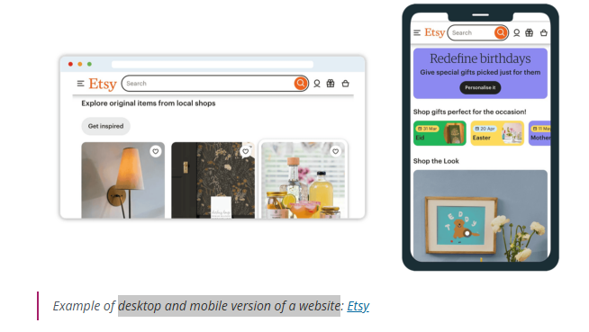 Example of the desktop and mobile versions of a well-structured store: Etsy